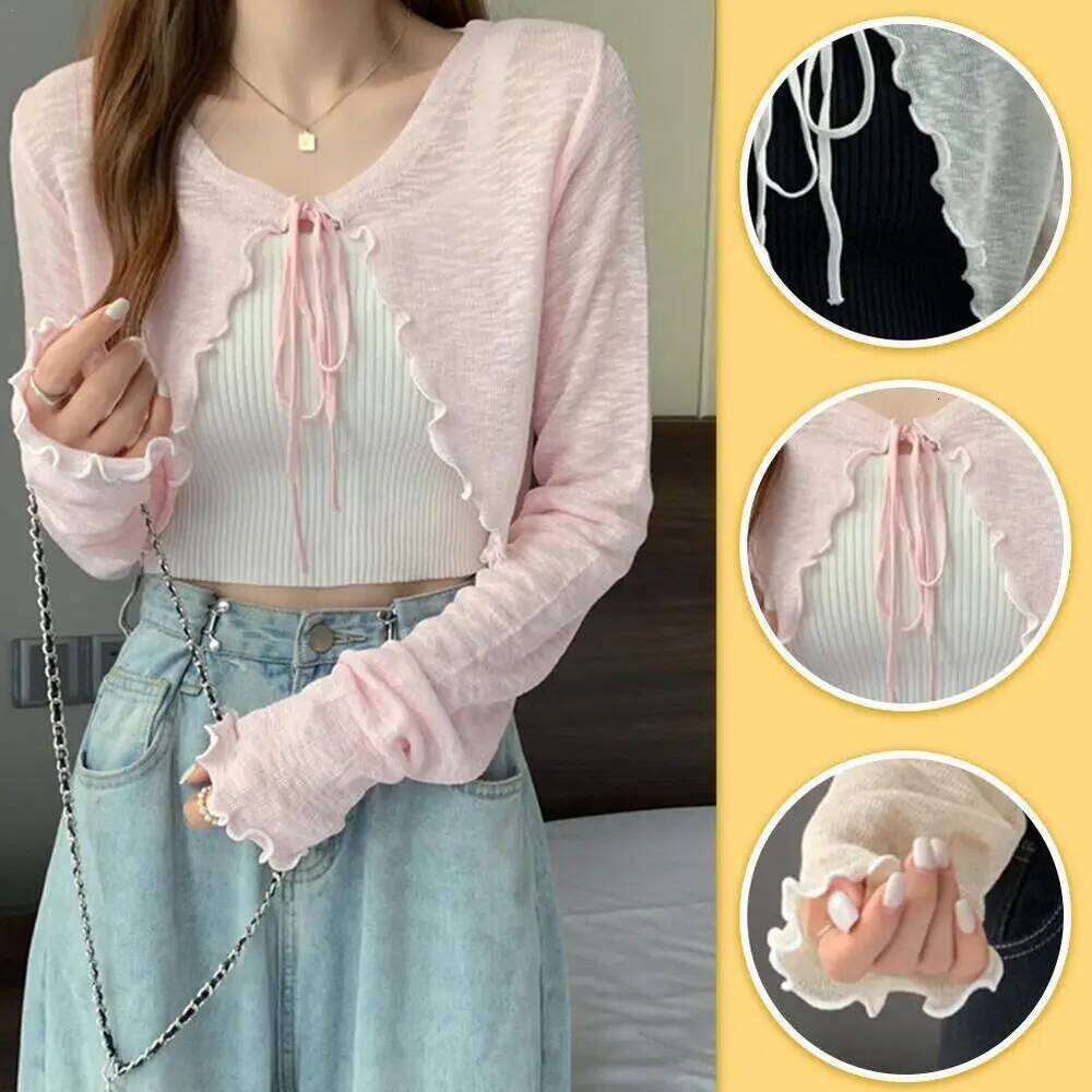 Thin Sunscreen Cardigan Lace-up Knitwear Tops Summer Women Korean Style Lantern Sleeve Short Coat Casual Sun Protected 26L0224