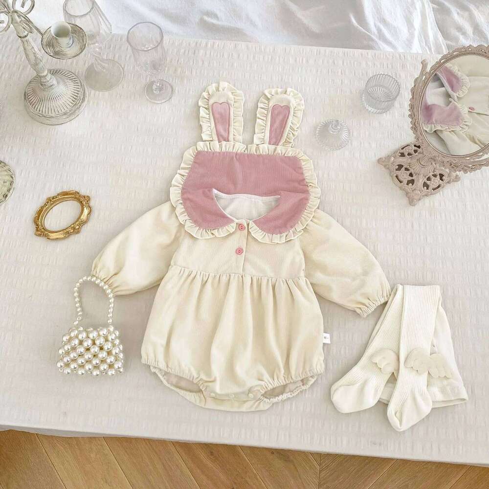 MILANCEL 0-2Y New Autumn Baby Girls Bodysuit Cute Bunny Ear Turn Down Collar Jumpsuit Infant Clothes 26H0224
