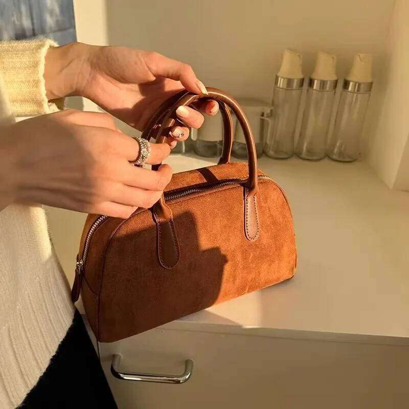 Brown Vintage Suede Tote High Quality Luxury Boston Handbag 2025 Winter New in Women's Bags Korean Hand Bag Ladies Z260224