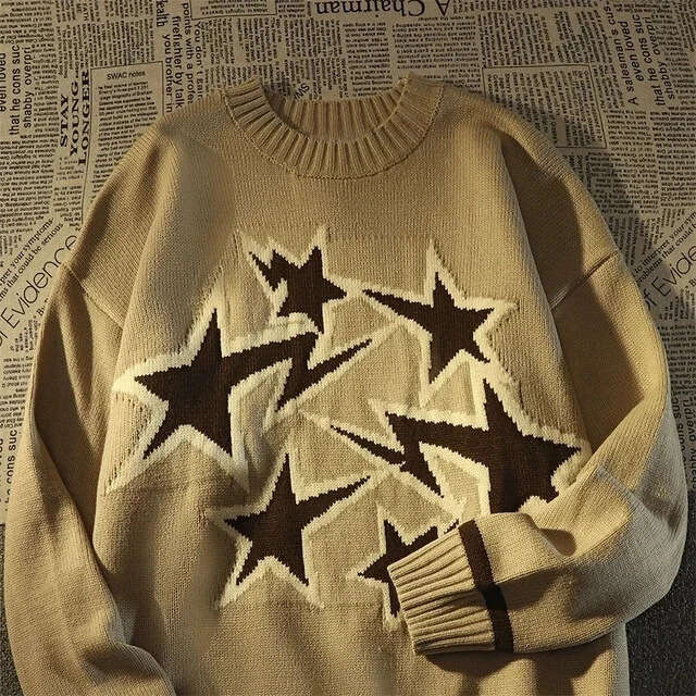 American-Style Trendy Brand Five-Pointed Star Jacquard Crew Neck Sweater For Men Women, Loose Casual , Autumn And Winter Knit Top