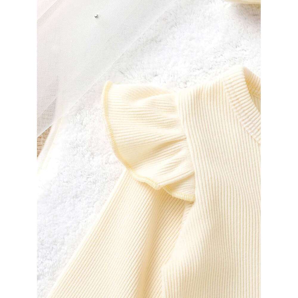 2PC Set Infant Girl Autumn Ruffle Long Sleeve Cute Bear Motif Ribbed Romper and Headband 26H0224