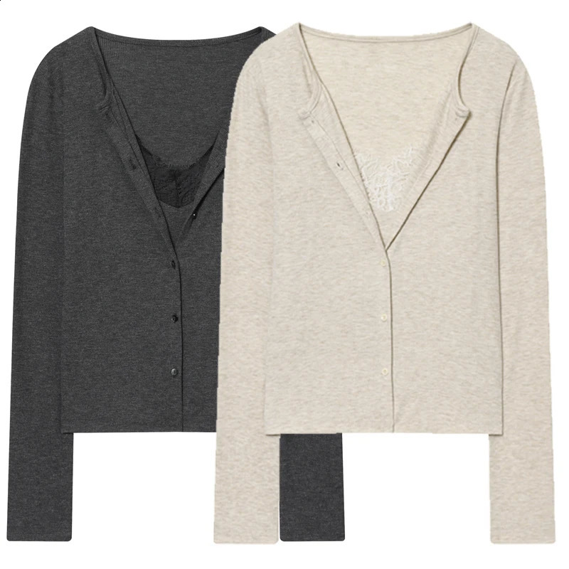 HXAO Crop Knit Cardigan For Women Autumn Spring Chic Lace Long Sleeve Knitwear Darkgrey Beige Sweaters Korean Cardigans 260209