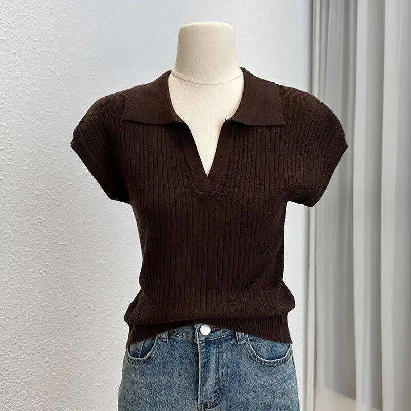 Solid-Color Knit Short-Sleeve T-Shirt for Women Neck Slim-Fit Versatile Top Chic Trendy Blouse Polo Shirts Mujer Tees 26W0224