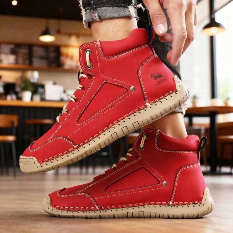 Men Fashion High Top Sneakers Beige Retro Track Style 2025 Breath Mixed Leather Ankle Boots Non Slip Comfort Casual Shoes Women
