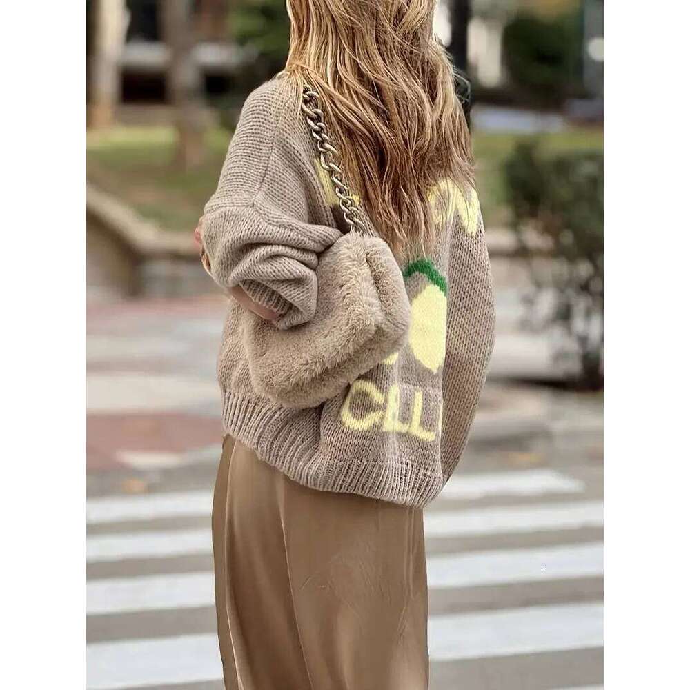 Women's fashionable casual long sleeved button cardigan soft and comfortable loose lantern sleeve lemon knit sweater 26L0224