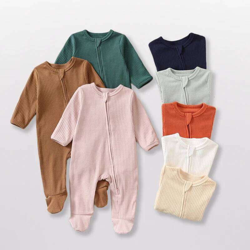 Baby Romper Long Sleeve Footed Cotton Zipper Front Outfit Spring Fall Newborn Unisex Ribbed Knitted Jumpsuit Pajamas Solid 26Y0224