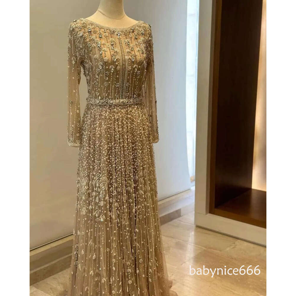 Designed Dubai Arabic Dresses Luxury Beaded Evening Gowns A Line Long Sleeve Celebrity Red Carpet Formal Vestidos de fiesta BC20147