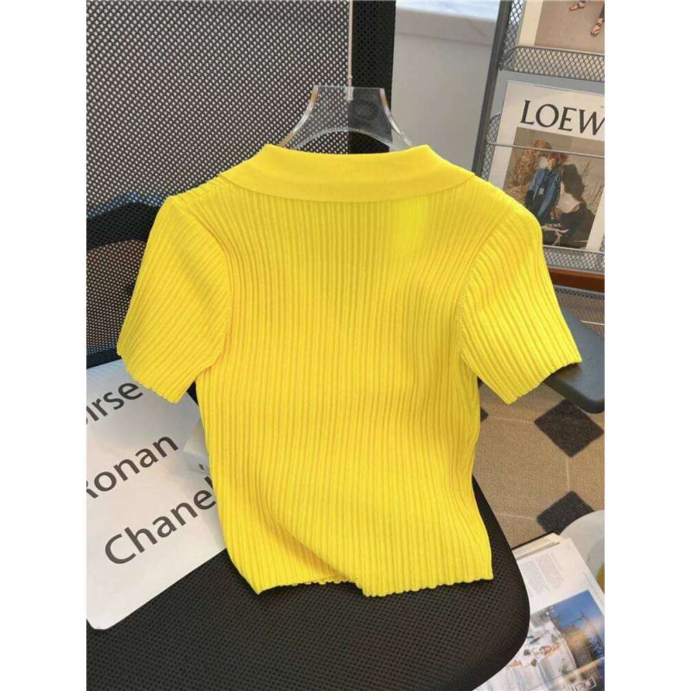 Summer Yellow Knitted Polo Shirt Women's 2024 New French V-Neck Letters High Waist Slim-Fit Ice Silk Top Short-Sleeved T-Shirt 26W0224