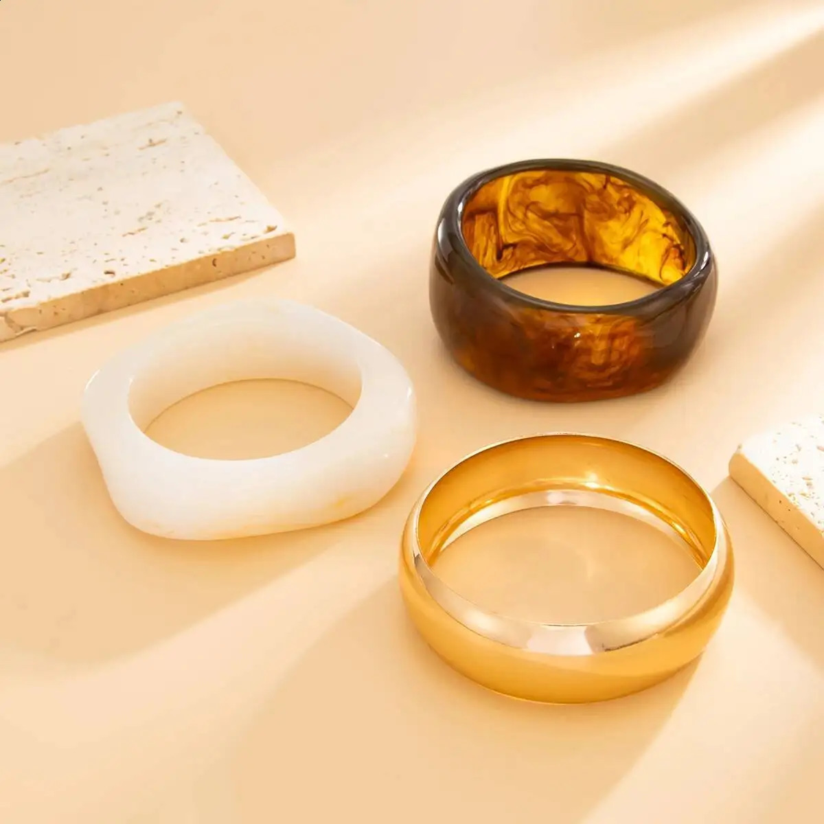 Salircon 3 Style Trendy Exaggerated Resin Wide Bangle Women HipHop Gold Color Geometric Heavy Metal Bangles Bracelet Men Jewelry 260120