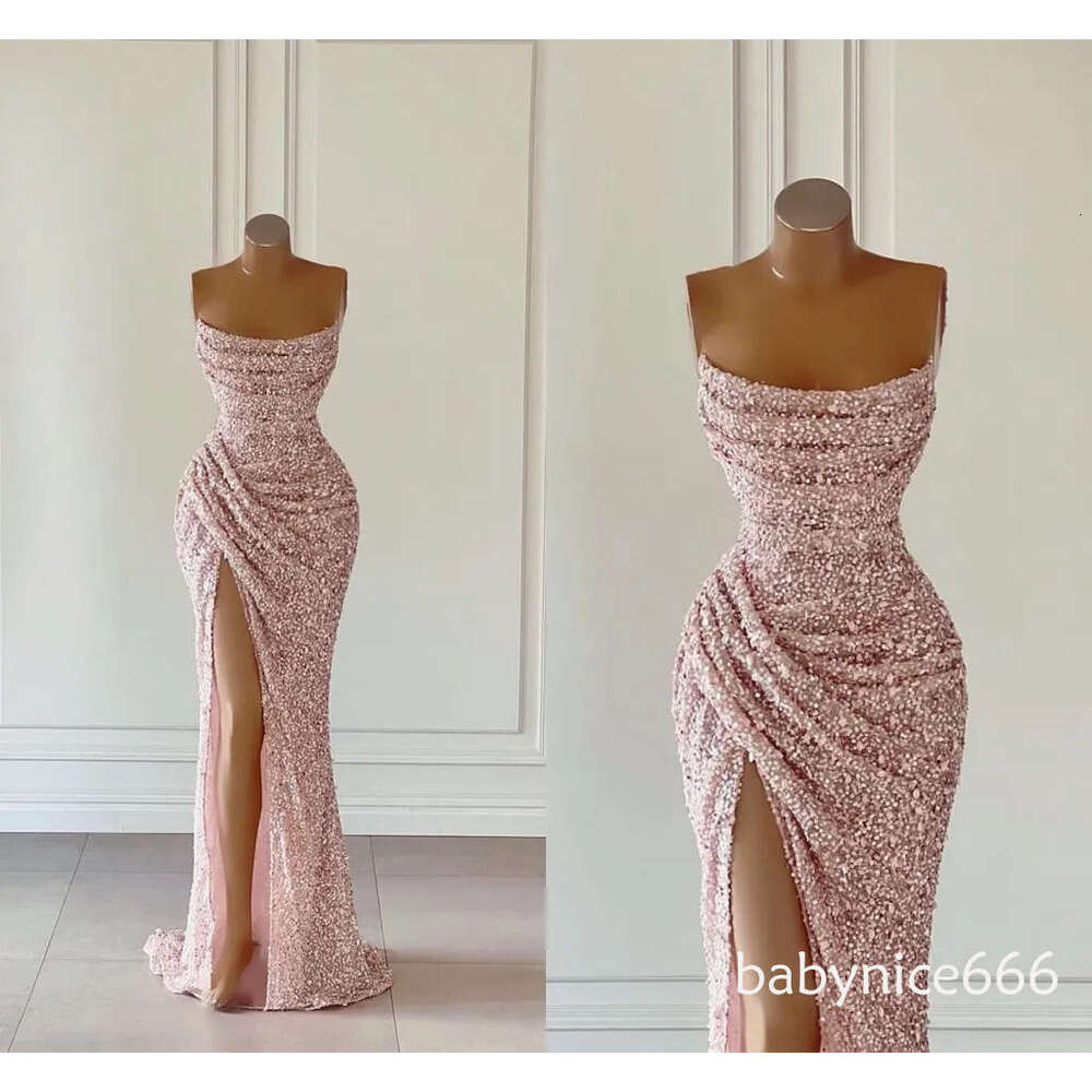 Rose Gold Pink Sequins Prom Dresses Sexy Mermaid Strapless Split High Evening African Girls Formal Party Occasion Gowns Custom Made BC15182