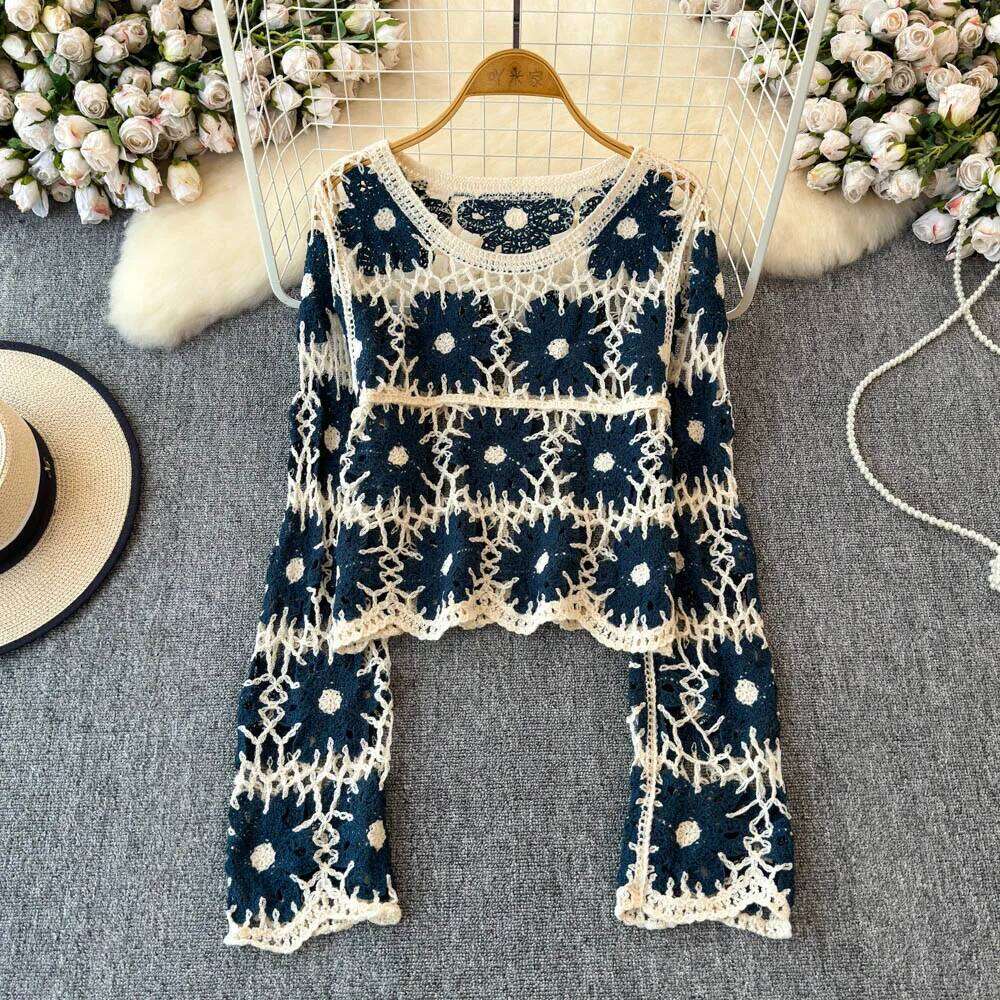Daisy Crochet Sweater Long Sleeve Sheer Open-knit Crop Knit Top Pullover for Women Teen-girl Fall Winter Boho Beach Outfit 26L0224