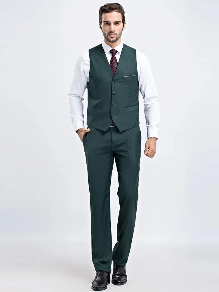 M6XL Mens Casual Business Solid Color Vest and Pants Groom Wedding Dress Waist Coat Trousers 260209
