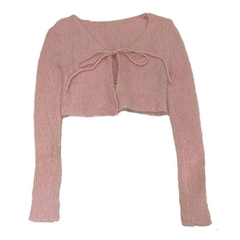 2026 New Autumn Women V-neck Long Sleeve Knitted Sweaters Bow Lace Up Solid Color Slim Short Casual Cardigans Tops 26L0224