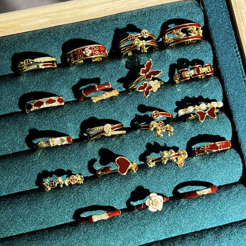 Ring Gold Plated Wine Red Enamel Geometric Zodiac Horse Butterfly Open Adjustable Band for Chinese New Year Festival and Daily Wear Gift High Quality 