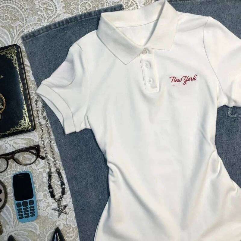 Deeptown White Vintage Letter Embroidery Women's T-Shirts Basic Short Sleeve American Style Polo Collar Tees Slim Gyaru Summer 26W0224