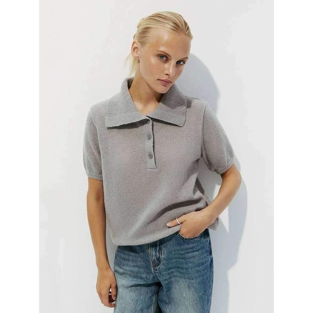 Wolfeel Summer New Polo Collar Hollow Short Sleeved Women's Bubble Sleeve T-shirt Female Simple Knitted Sweater 26W0224