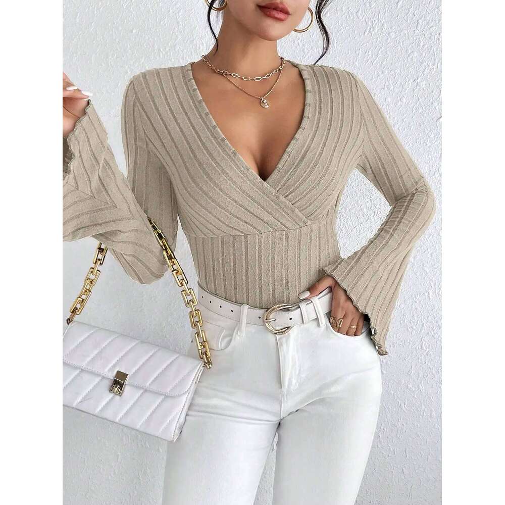 Fall and Winter V-neck Sexy Slim Striped Women's Tops, Long-sleeved T-shirt Knitted Bottoming Shirt 26L0224