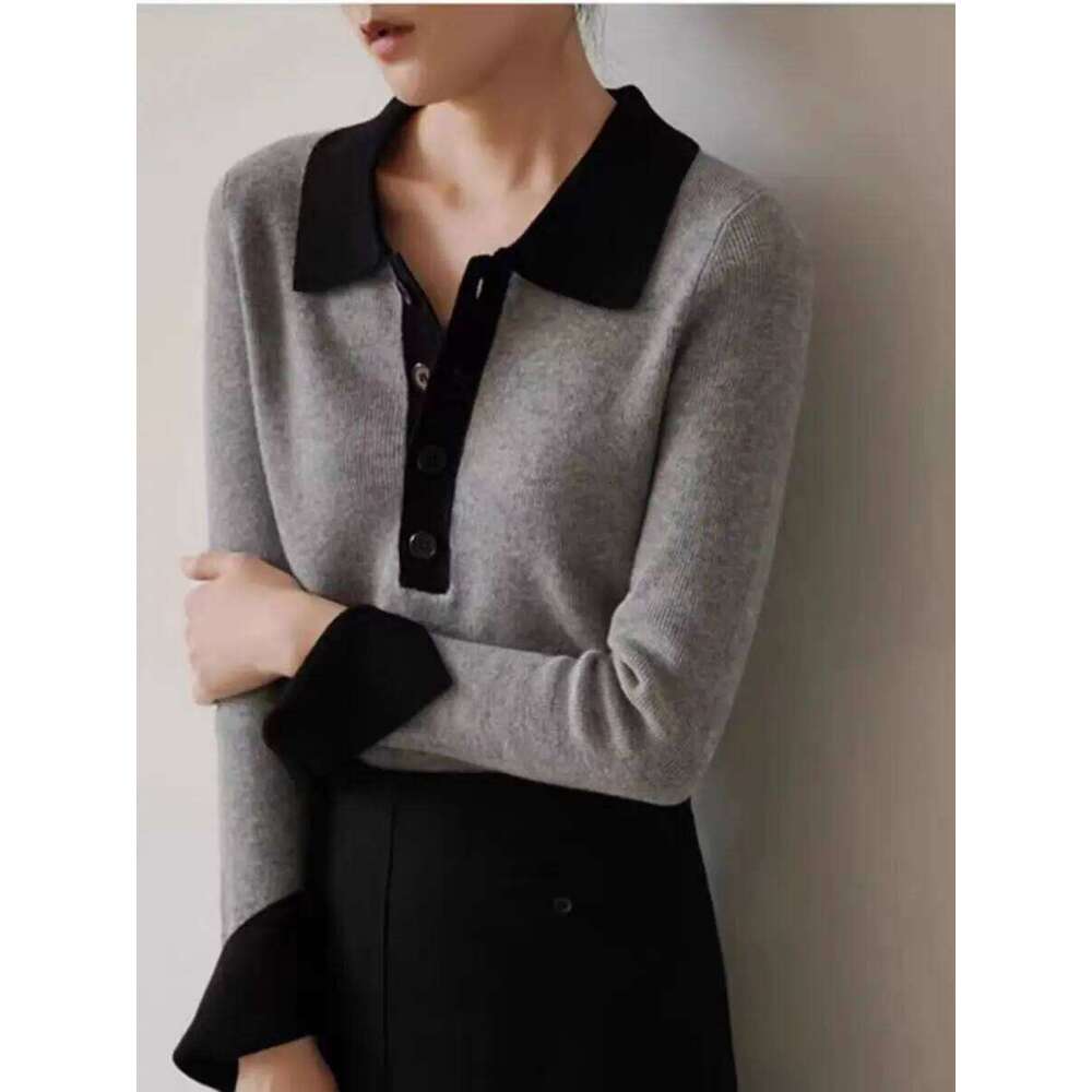 Autumn Winter New Woman 100% Merino Wool Sweater Soft Polo Collar Contrast Color Pullover Knitted Tops Cashmere Female Clothing 26W0224