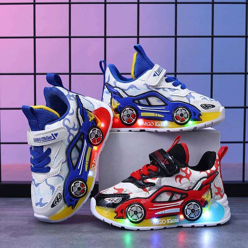 Mgo Kidss Spring and Autumn New Children's Car-Shaped Cartoon Boys Glowing Running for Children Aged 1-3-6 Led Thin Style Boys' Ligh 26W0224