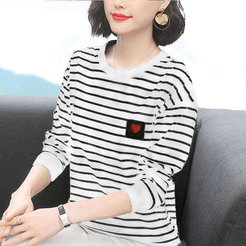 Women's Long-Sleeve T-Shirt 2026 New Style For Middle-Aged Mothers, Plus Size, Loose Fit, Slimming, Horizontal Stripes, Autumn Fashion Top