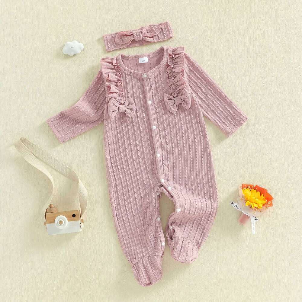 Baby Girl Footed Romper Duck Solid Color Ruffled Long Sleeve Round Neck Jumpsuit with Bow Headband 26H0224