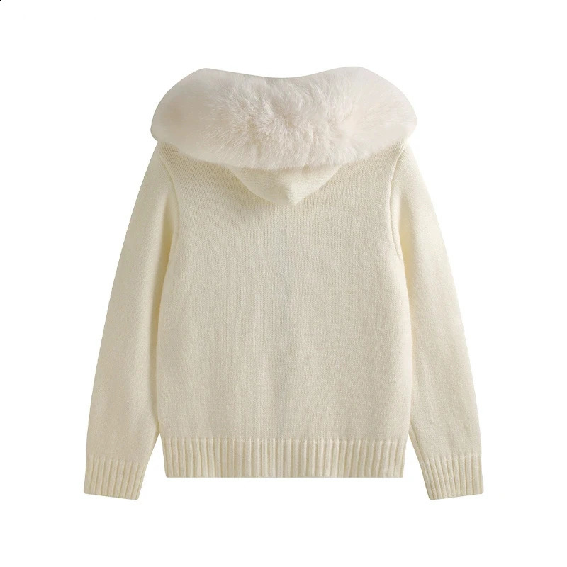 Winter Sweater Coat Women Hooded Cardigan Fur Collar Knit Thicken Warm Womens Coats Chic Casual Outwear 260126