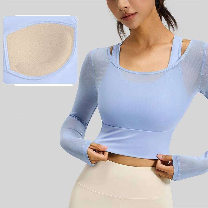 Aiithuug Long Sleeve Sheer Mesh Sexy Top Longsleeve Padded Camisole Workout Yoga Bra Crop Fitness Shirts Cropped 26Y0224