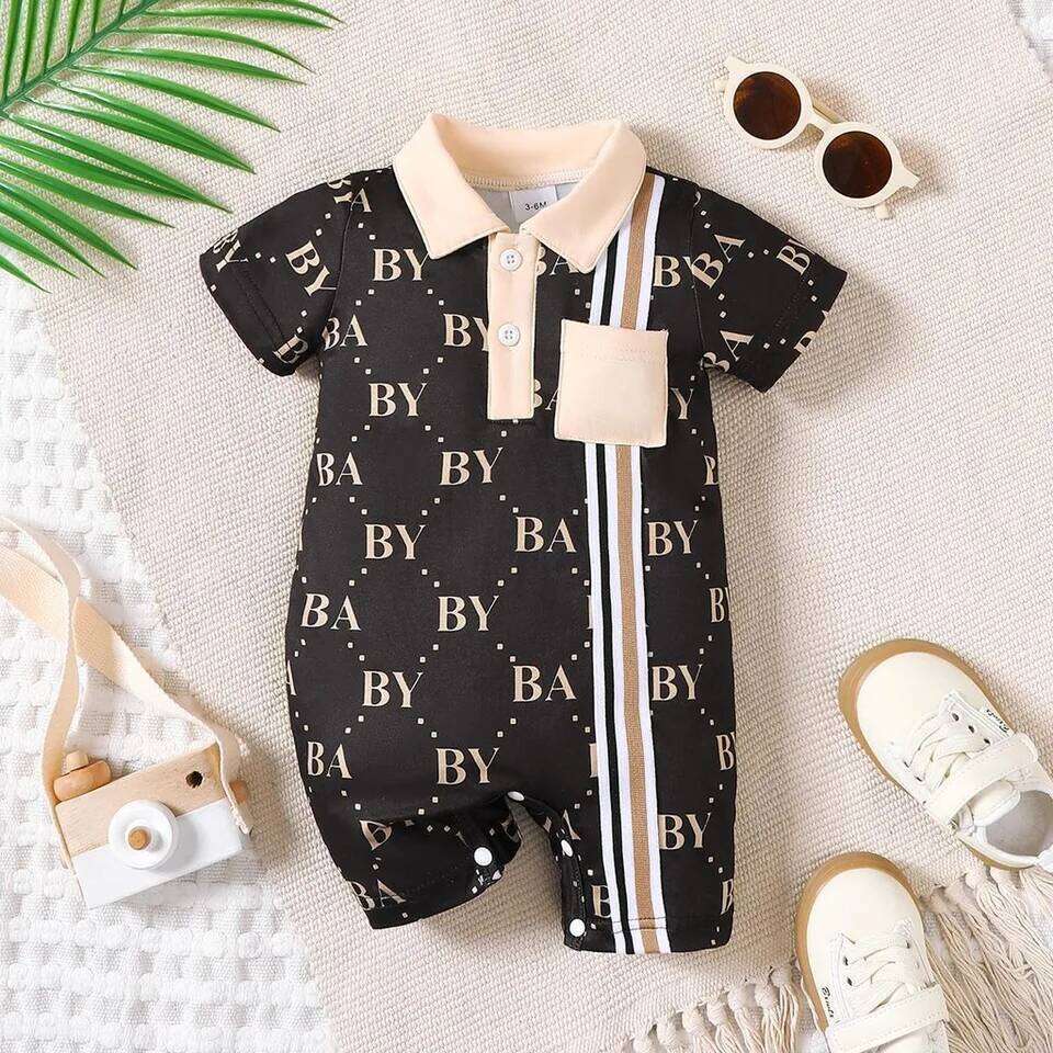 1-24 Months Newborn Baby Boy Fashion Romper Short Sleeved Flip Collar Letter Print Light Luxury Jumpsuit Toddlers Summer Clothes 26Y0224
