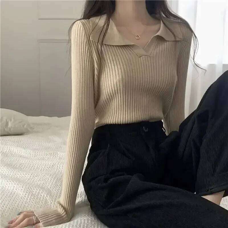 Elegant Vintage Knit Sweater Women's Long Sleeve Lapel Stylish Polo Collar Base Layer Top For Spring Autumn 26L0224