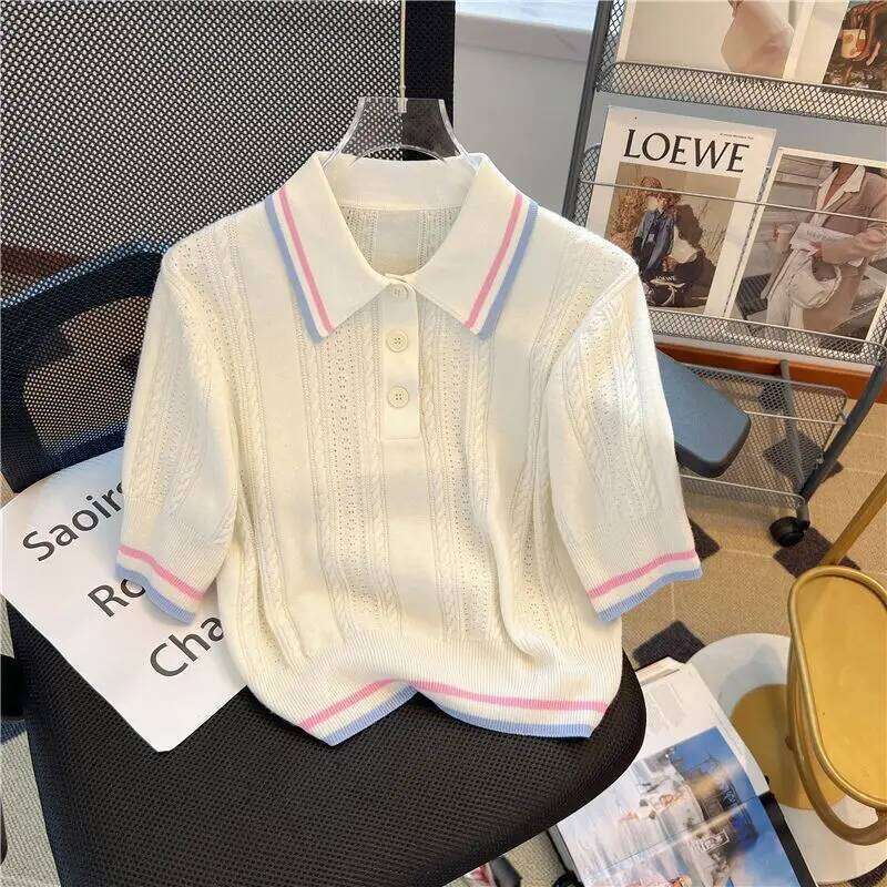 Women's Sweet Preppy Style Thin Knitted Polo Shirts Summer Fashion Striped Elegant Slim Short Sleeve Tops 26W0224