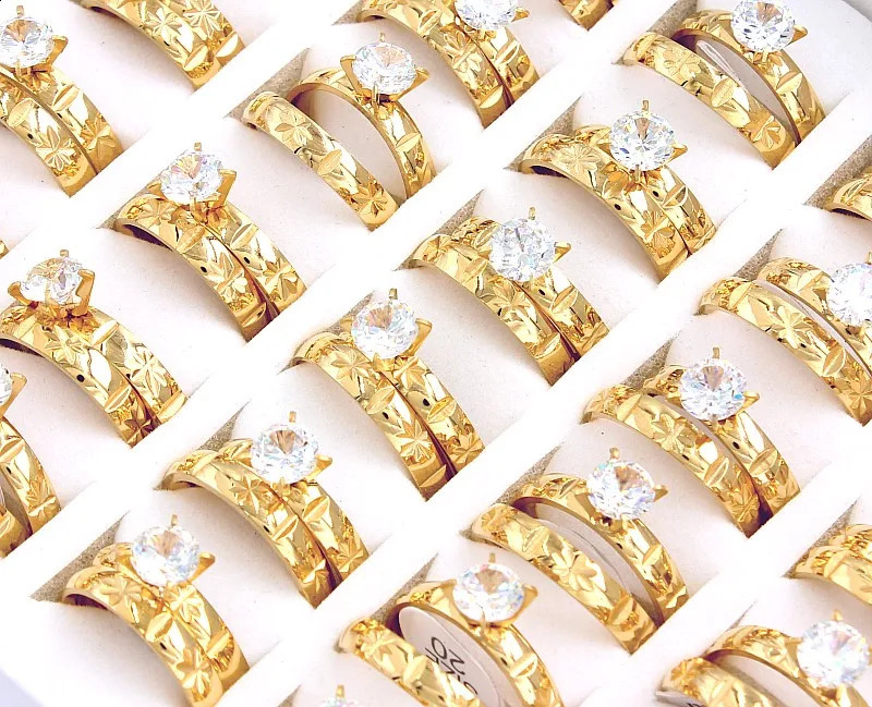 Wholesale 12Sets Cubic Zircon Stainless Steel Rings Men Women Wedding Jewelry 260124