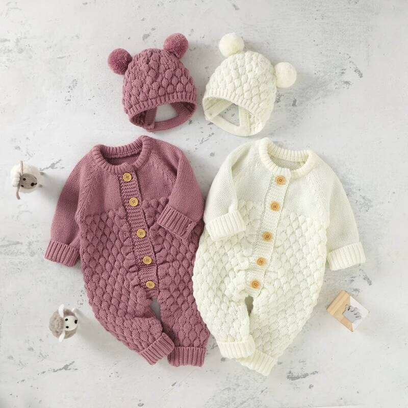 VISgogo 2PCS Baby Fall Winter Clothes Outfits Infant Boys Girls Jumpsuit Long Sleeve Solid Color Knitted Romper + Bear Hat Set 26Y0224