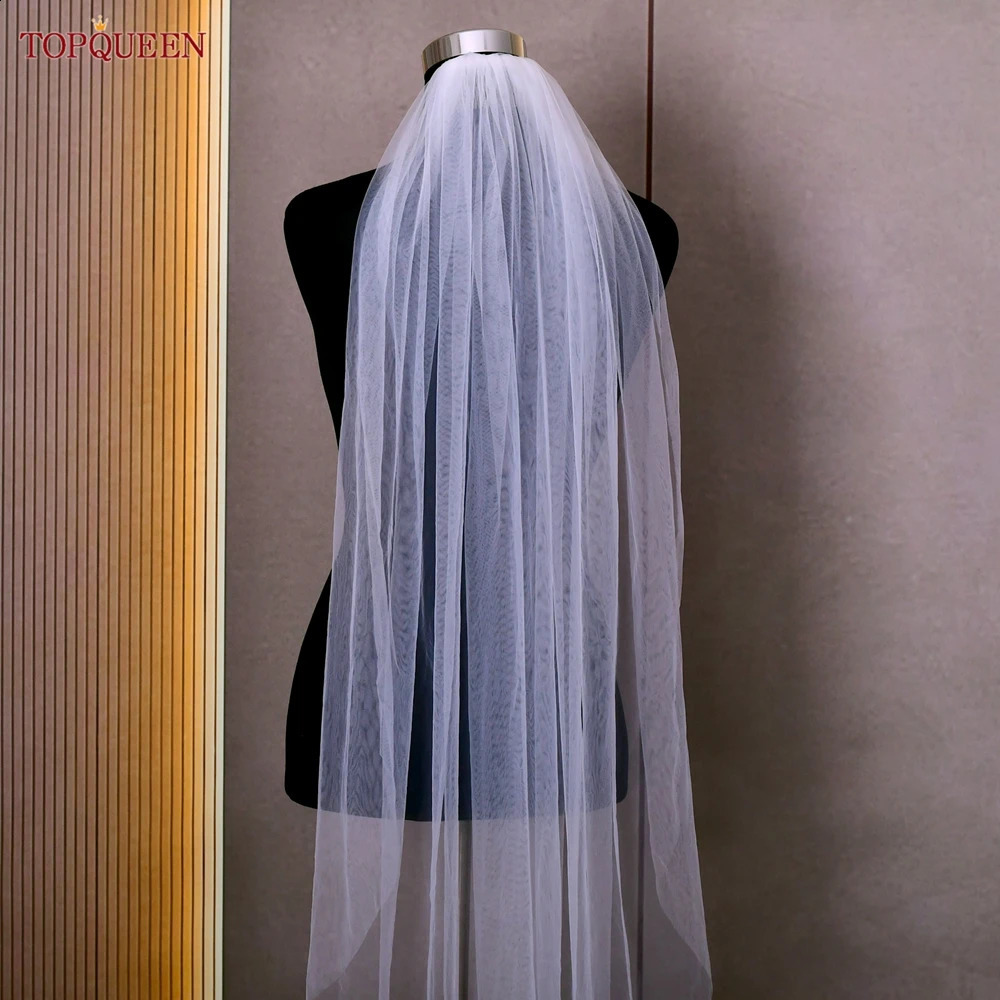 TOPQUEEN V30 Classic Bridal Wedding Veils Plain Yarn 1 Tier Soft Wedding Long Veil with Comb Wedding Dress Accessories Black Red 260208