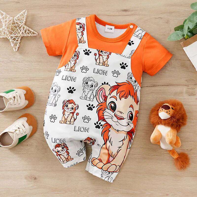 Cute Lion Print with Faux Two-Piece Design baby clothes Summer Newborn 0-18Months Boys and Girls Baby Short-Sleeve Romper 26Y0224