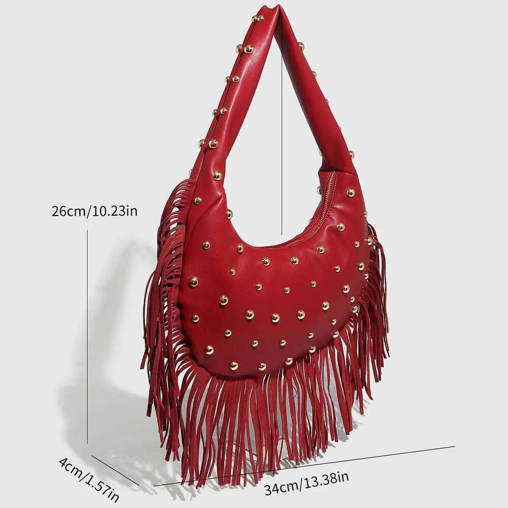Women PU Leather Underarm European American Retro Personalized Tassel Rivet Trendy Simple Single Shoulder Crossbody Bag Z260224