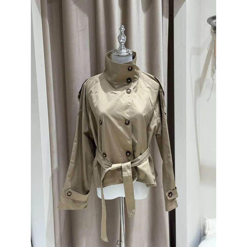 Mardi Hefxessdr Belted Waist Cropped Trench Jacets Double Breasted Stand Collar Coats Autumn Chic Casual Vintae Jacet Women Cloth
