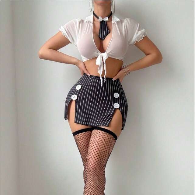 Women Sexy Uniform Style Two-Piece Set Transparent Blouse with Deep V Neck & Bow Tie, High-Waisted Striped Skirt with Side Slit, Perfect for Party & C