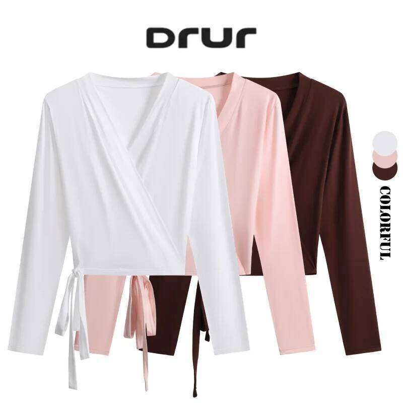 DRUR Womens Yoga Pilates Wrap Top Long Sleeve Tie Front Shrug Ballet Shirt and Thin V-Neck Crop Kimono Casual Y2k Clothes 26Y0224