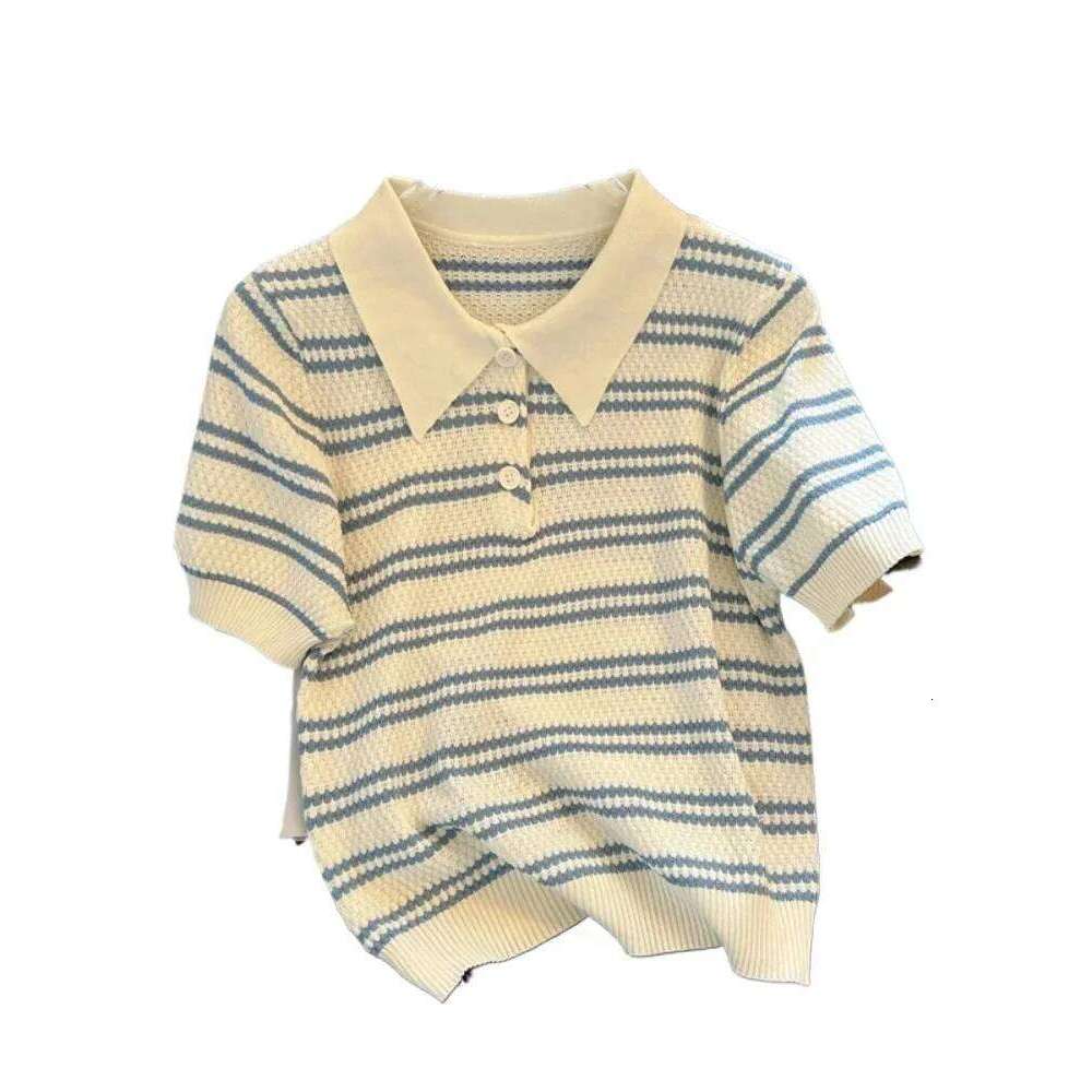 2025 Polo Neck New Womens Knitting T-Shirt Striped Short Sleeve Women Shirt for Female Slim Tops Woman T Shirts Clothing S145 26W0224