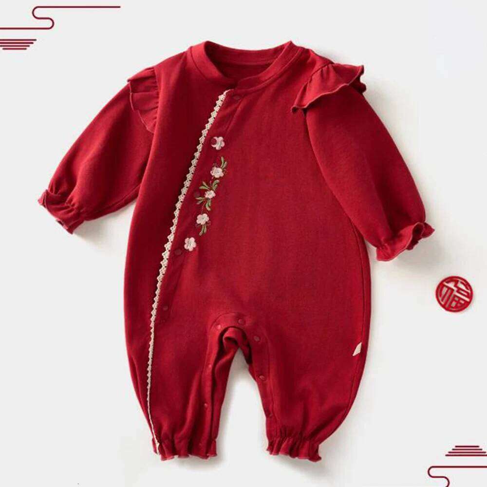 1st Birthday Girl Romper Long Sleeve Cotton Red Color Chinese Style Fall Unisex Infant Clothing Christmas Baby Boy Jumpsuit 26H0224