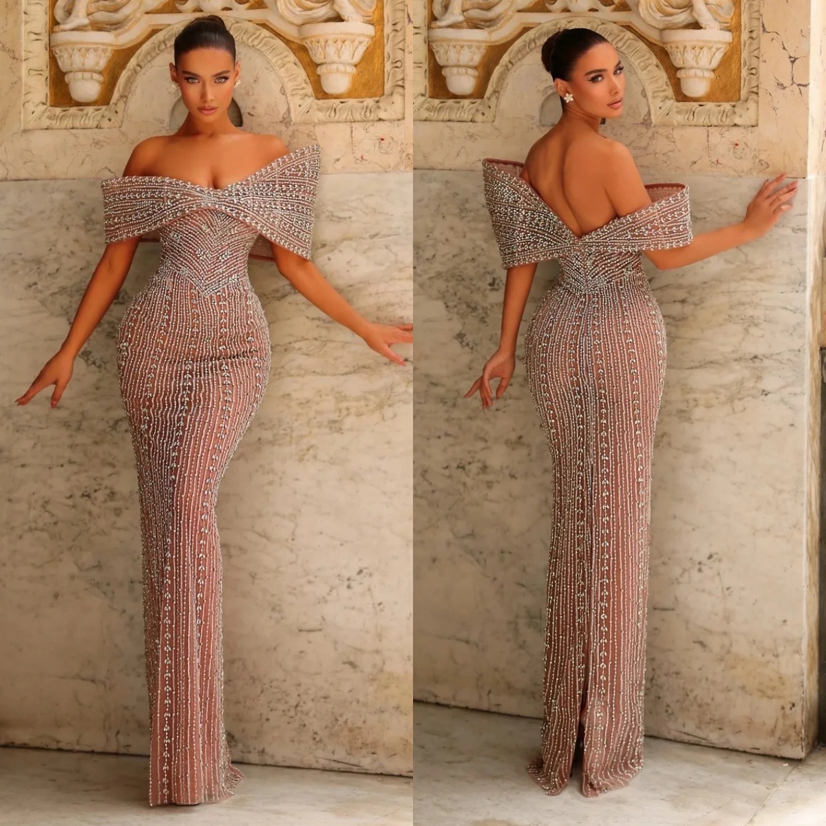 Sexy Off The Shoulder Evening Dresses Customized Luxury Crystal Beaded Prom Dress Sequined Floor Length Party Gown