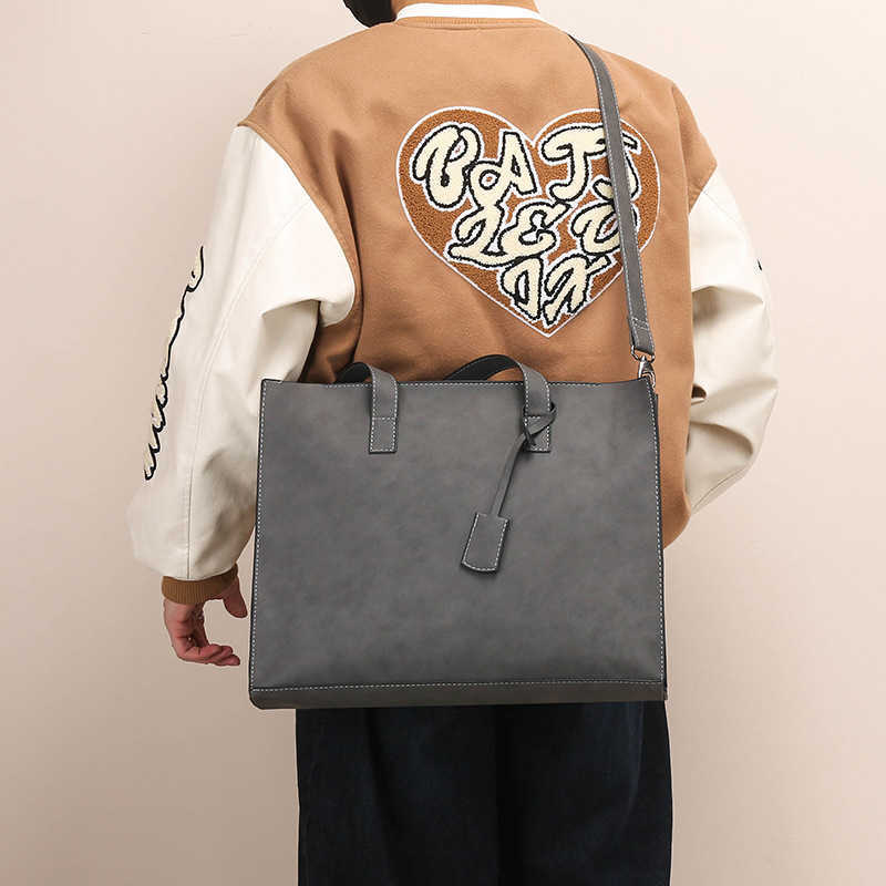 Men's Brushed Vintage Large Capacity Tote Bag Korean Style Men's Horizontal Shoulder Bag Document Bag Casual Business Briefcase