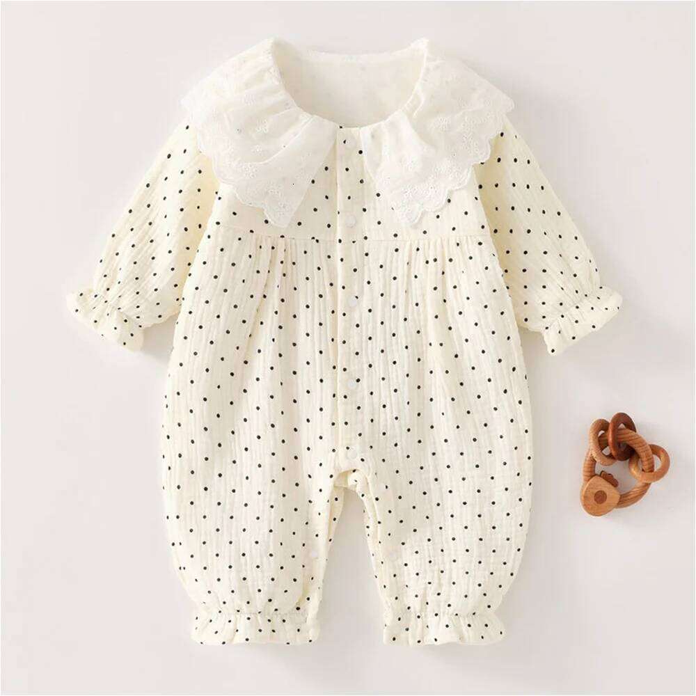 Gauze Baby Rompers Girls Floral Dot Print Peter Pan Collar Newborn Clothing Spring Autumn Infant Girl Long Sleeve Jumpsuit 26H0224