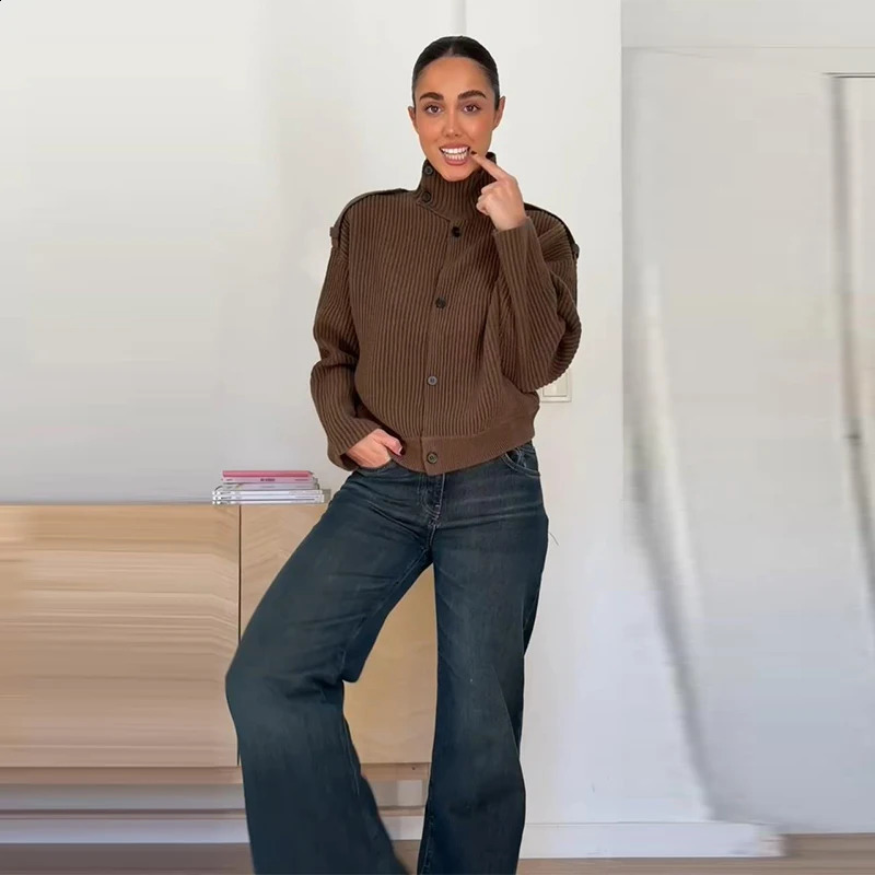 Knitted Womens Cardigan Stand Collar Full Sleeve SingleBreasted Solif Female Cardigans 2026 Spring Fashion Chic Lady Outwears 260209