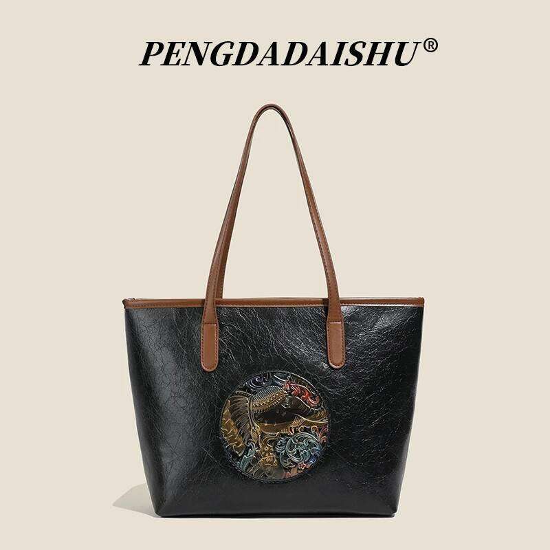 New Totem Embossed Handbag for Women, Vintage Handmade Distressed Large Capacity Shoulder Bag, Luxe Tote Z260224