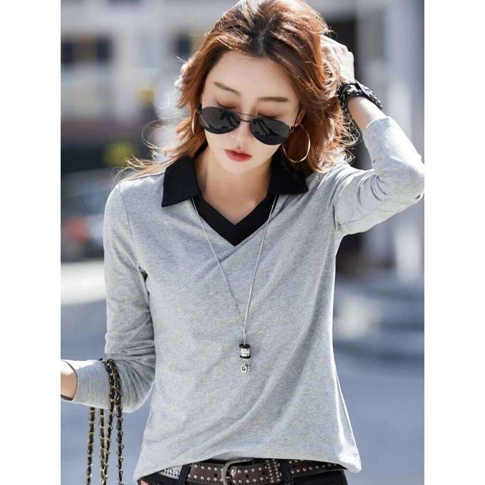 Women's Cotton Long Sleeve Polo Shirt 2026 New Loose Fit Casual Blouse Contrast Color Collar Fashion Autumn Top for Daily Wear 26W0224