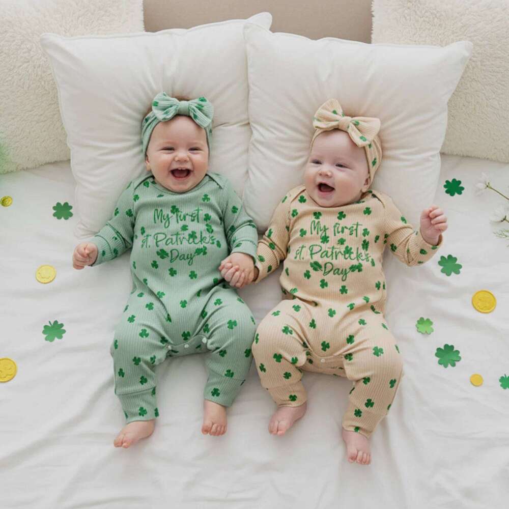 Baby Girls Rompers Irish Clothes Letter Embroidery Clover Print Round Neck Long Sleeve Infant Bodysuits Jumpsuits with Headband 26H0224