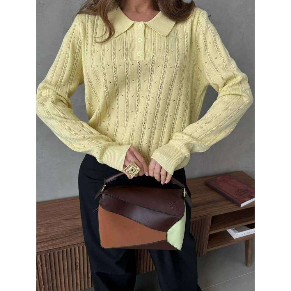 Blubelle Women's Autumn New Jacquard Sweater Loose Versatile Polo Shirt Collar Long Sleeve Knitted Top 26W0224