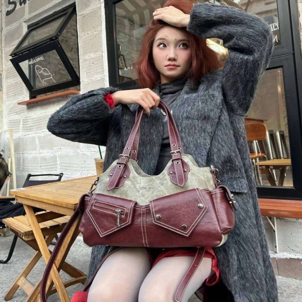PU Women's Shoulder Crossed Color Large Capacity Crossbody Bag Casual Design with Denim Patchwork Armpit Handbag Travel Z260224