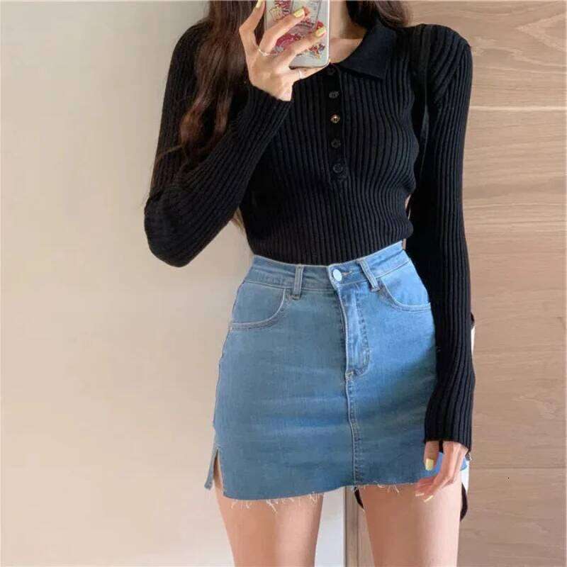Autumn Winter Polo Collar New Long Sleeve Inner Pullovers Bottom Knitted Shirt Women's Clothing Slim Short Style Chic Sweaters 26W0224